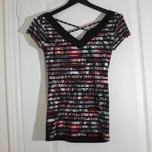 Vneck graffiti style top with lace up back